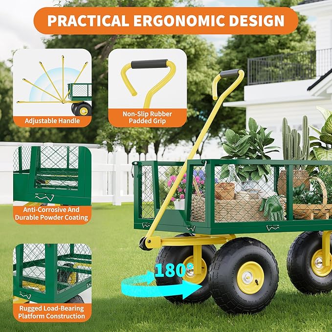Metal Wagon - 500lbs Garden Cart with 10" Multi-Terrain Tires, 4 Removable Mesh Sides & 180° Swivel Handle, Yard Wagon Cart for Lawn, Yard, Patio Gardening