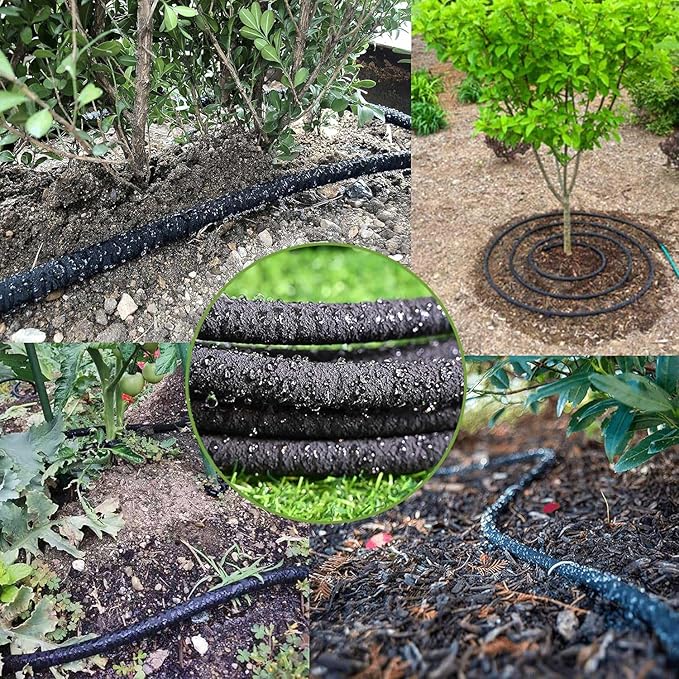 1/4 Inch Soaker Hose for Garden 100ft Soaker Irrigation Drip Hose System, Heavy Duty Drip Irrigation Tubing with Hose Connector Accessories for Watering Garden Beds Vegetable Lawn and Yard (100ft)