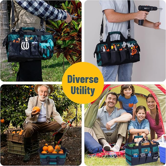 Garden Tool Bag Organizer โ 13 Pocket Heavy-Duty Gardening Tote with 7 Outer & 6 Inner Compartments, Anti-Slip Base, Adjustable Shoulder Strap & Belt โ Garden Organizers and Storage (Green)