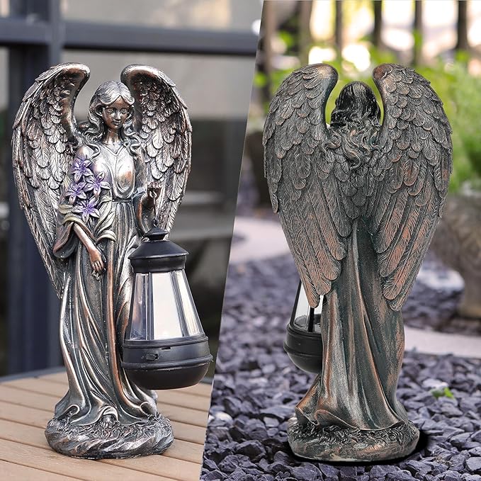 Solar Angel Outdoor Garden Decor Statues – 13.2 inches Solar Outdoor Sculptures for Outside Yard Art Patio Balcony Front Lawn Ornaments Gifts for Mom Grandma Women(Bronze)