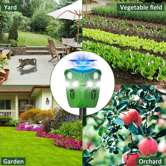 Ultrasonic Solar Powered Deer Repellent Device with PIR Motion Sensor 360° Animal Repellent Equipped with Dual Charging Methods Outdoor Protection for Gardens, Yards, and Farms