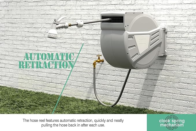 Blütezeit Retractable Garden Hose Reel 5/8'' x 100 ft, Heavy Duty Hose Reel Wall Mount with 3/4''GHT Brass Fitting, Automatic Slow Rewind, Any Length Lock, 180° Swivel, 9 Function Hose Nozzle
