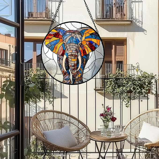 Stained Glass Window Hanging, Colorful Elephant Sun Catcher for Door Home Decor Animal Suncatcher Christmas Mother's Day Birthday Gifts for Women Men Mom and Nana 11.8 in