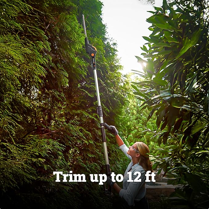 WORX WG252.9 20" 20V Cordless Hedge Trimmer, Pole Hedge Trimmer Reaches up to 12 Inches with Extended Pole, Electric Bush Trimmer with 180° Rotation Head, Battery & Charger Not Included