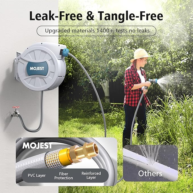 Retractable Garden Hose Reel - 1/2 in x 100 ft Wall Mounted Heavy Duty Water Hose Reel with Automatic Slow Rewind System, 180°Swivel Bracket, 2 Hose Nozzle, Light Gray