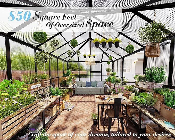Jocisland 14x9.5x9 FT Polycarbonate Greenhouse- 6 FT Wall Height Outdoor Aluminum Greenhouses with 2 Ventilation and Rain Gutter, Double Doors with Hook, Walk-in Greenhouse for Backyard Garden