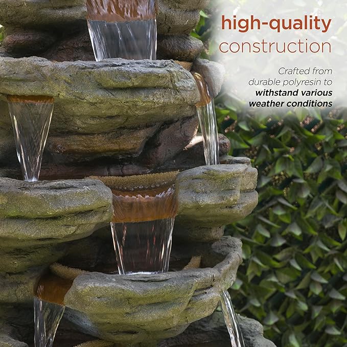 Alpine Corporation TZL352 Outdoor Floor Stone Tower Fountain with LED Lights, Multi-Level Garden Water Fountain, 47"H, Gray