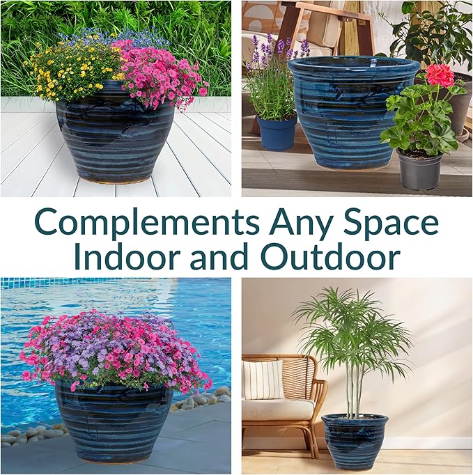 Sunnydaze Large Ceramic Plant Pot - Round Outdoor Glazed Ceramic Planter Pot with Drainage - Studio - Galaxy Blue - 18.5"