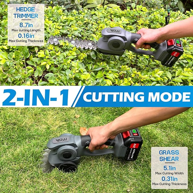 Cordless Hedge Trimmer, 2-in-1 Hedge Trimmer, Ultra Long Battery Life with Battery*2, high-Power and high-Capacity Grass Trimmer for Gardens, Yards and lawns, Including Charger