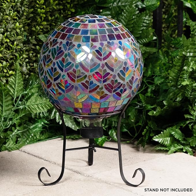 Alpine Corporation - Outdoor Glass Mosaic Peacock Gazing Globe - Iridescent Garden Decor, 10" Diameter, Multicolor
