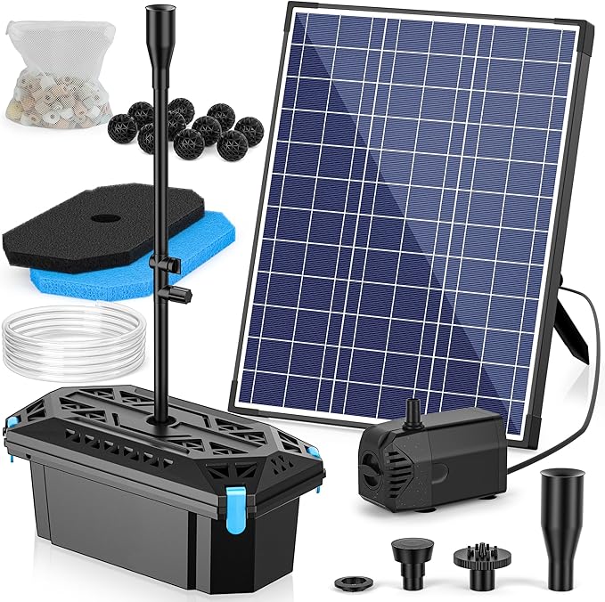 NFESOLAR Pond Filter Fountain, 20W Solar Filter Fountain with120 GPH Submersible Pump, 16.4ft Long Cable, 6.6ft Tubing for Outdoor Koi Pond, Fish Tank and Garden Water Features N3322