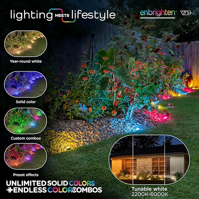 Enbrighten Vibe Eternity Garden Lights, 50ft, 12 RGBWIC LEDs, Waterproof, Uplights, Outdoor Landscape Lighting, Home Exterior Spotlight, Smart App, Works with Alexa, Google Home, 83790