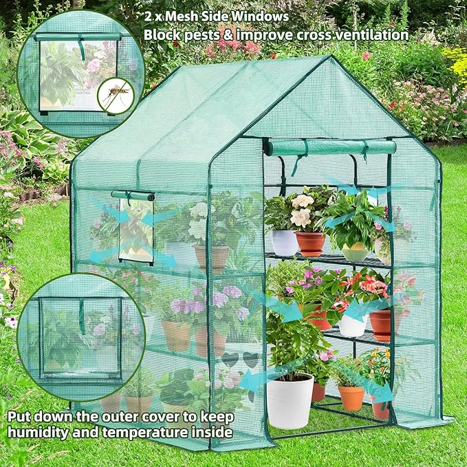 Ohuhu Greenhouse for Outdoors with Screen Windows, 57 x 57 x 76'' Walk in Plant Greenhouses Heavy Duty with Durable PE Cover, 3 Tiers 12 Shelves Stands Plastic Portable Green House with Shelf Clips