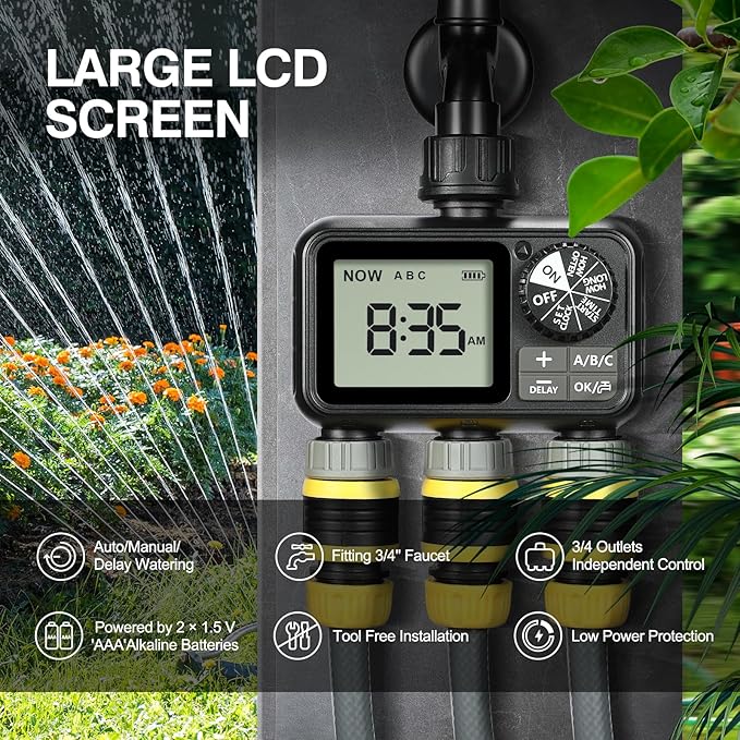 Sprinkler Timer,3 Outlets Programmable Water Timer with Brass Inlet for Garden Hose,Outdoor with Rain Delay/Manual/Automatic Watering System,Digital Irrigation Timers for Yard,Lawn
