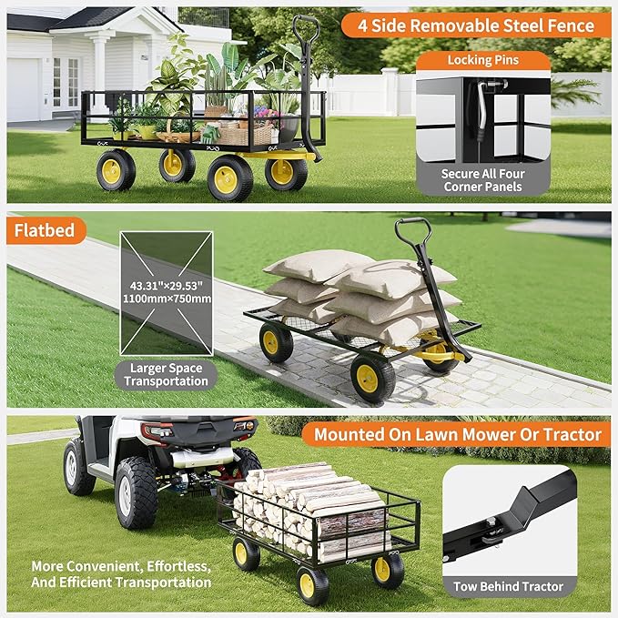Metal Wagon - 1200lbs Garden Cart with 10" Multi-Terrain Tires, 4 Removable Mesh Sides & 180° Swivel Handle, Yard Wagon Cart for Lawn, Yard, Patio Gardening