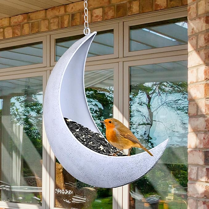 Hanging Moon Bird Feeder – Unique Metal Bird Feeders for Outdoors, Rustic White, Rust-Resistant, Drain Holes – Wild Bird Feeder for Bluebirds, Cardinals, Finches, and Backyard Birdwatching