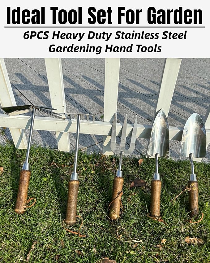 Garden Tool Set, 6PCS Heavy Duty Stainless Steel Gardening Hand Tools with Ropes, Including Trowel, Transplanter, 2-in-1 Hoe, Hand Fork, Hand Rake and Pruner, Ideal Gardening Gift for Man and Woman