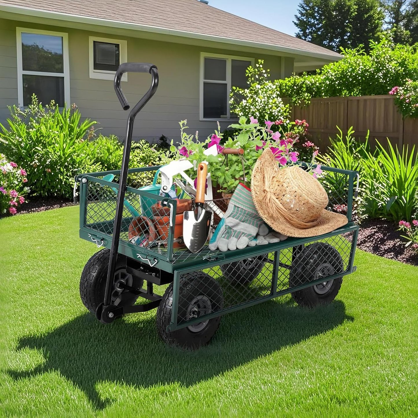 Heavy Duty Steel Garden Cart Folding Utility Wagon with Removable Cart Liner, 500 Lbs Capacity