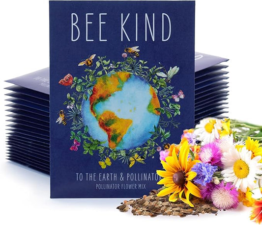 Bentley Seed Co. | Bee Kind Planet | Illustrated Bee Flower Seed Packets | Help Pollinators Environmental Favor for Events | Pollinator Wildflower Mix Seed | Eco-Friendly Hand Out | 25 Pk