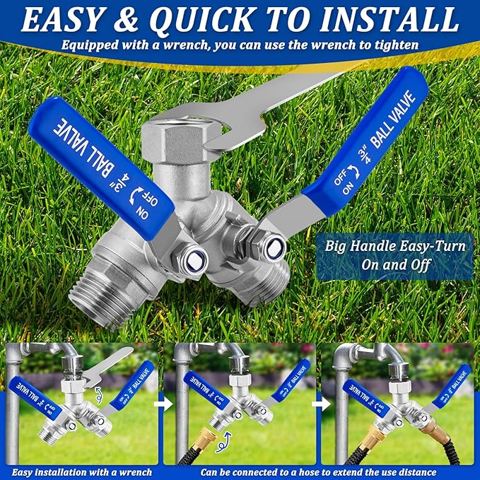 304 Stainless Steel Garden Hose Splitter 2 Way Heavy Duty, Full Flow Water Hose Splitter with Long Handle, Lead-Free, 3/4" GHT Thread, with 2 Washers, 1 Tape & Wrench