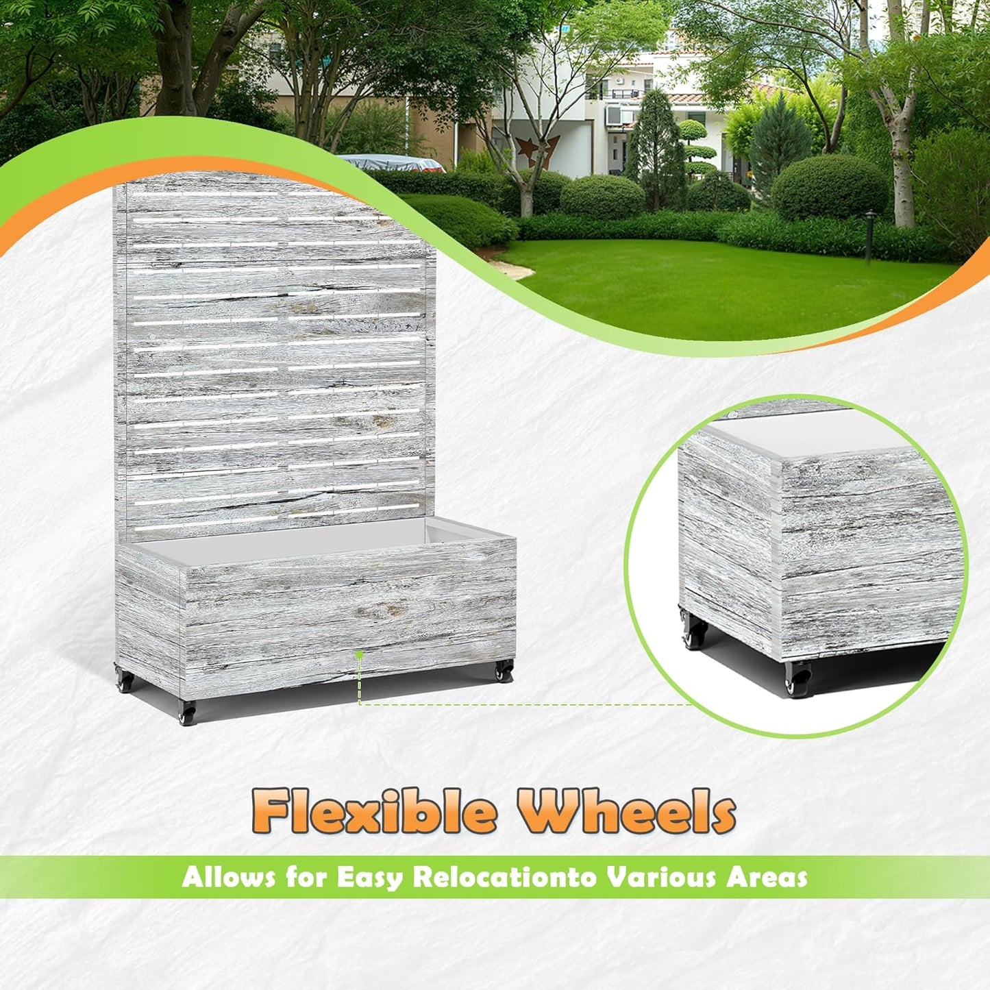 Metal Raised Garden Bed with Trellis, 2-in-1 Planter Box & Privacy Screen for Climbing Plants, Outdoor Standing Flower Bed with Drainage Holes, 35.4" L x 15.7" W x 70.1" H, White Oak Grain