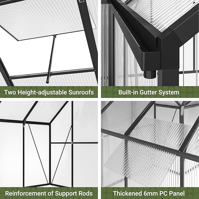 VIWAT T-Shape 12x12 FT Greenhouse for Outdoors, Polycarbonate Greenhouse with Quick Setup Structure, Double Roof Vents and Doors, Aluminum Walk-in Green House for Outside for Backyard Garden, Black