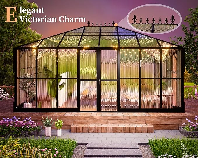 HOWE 16x12x9.5 FT Polycarbonate Greenhouse for Outdoors, Pavilion Style Greenhouse with 4 Vent Windows, Lockable Double Doors, Ideal for Garden & Patio Use, Black