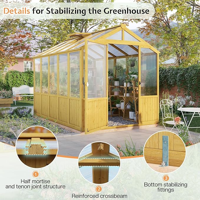 Jocisland 6x8x6.5 Ft Wooden Greenhouse, Pre-Assembled Solid Cedar Frame, Walk-in Design, Lockable Door, Adjustable Roof Vents, Polycarbonate Panels for Outdoor, Garden, Backyard
