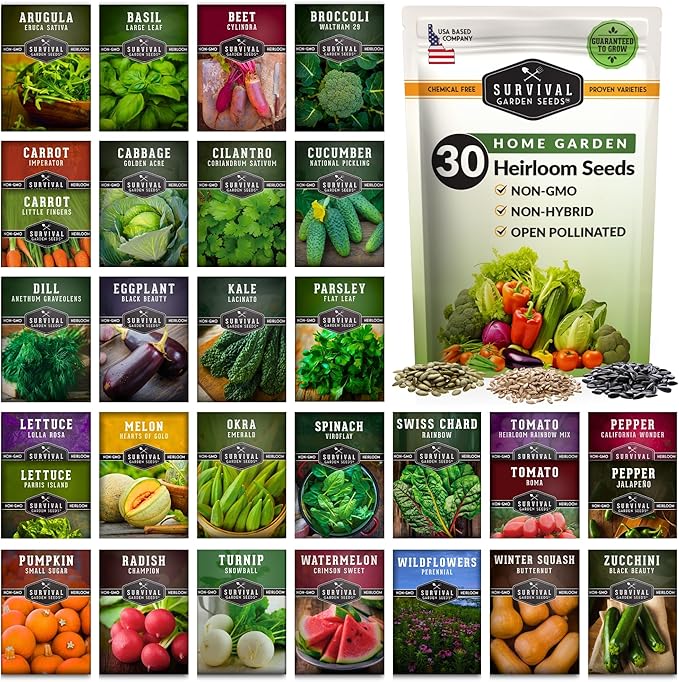 Home Garden Seeds 30 Pack – Heirloom Non-GMO Vegetable, Herb & Fruit Varieties | (18,500+) Survival Seed Vault for Food Security by Survival Garden Seeds
