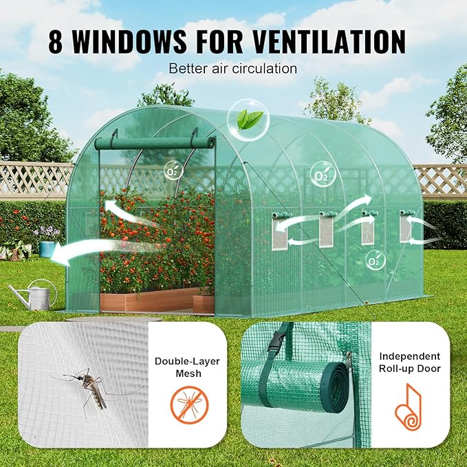 VEVOR Walk-in Tunnel Greenhouse, 14.6x6.4x6.3 ft Hoop House Greenhouse Tunnel, Plant Hot House with Galvanized Steel Frame, Green PE Cover, Roll-up Zipper Door and 8 Windows for Outdoor