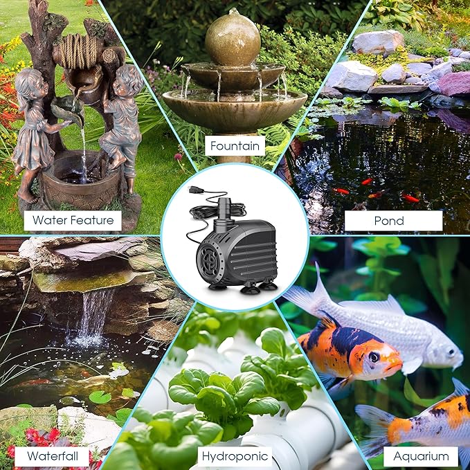 NFESOLAR Submersible Water Pump 120GPH, Ultra Quiet Submersible Pump with Dry Burning Protection 3ft High Lift for Fountains, Waterfall, Hydroponics, Aquariums KF202