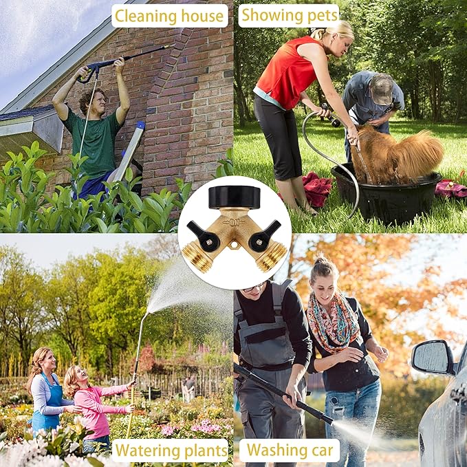 Biswing 2 Pack Garden Hose Splitter 2 Way, Heavy Duty Brass Connector Tap Splitter, Y Splitter 2 Valves with 4 Extra Rubber Washers