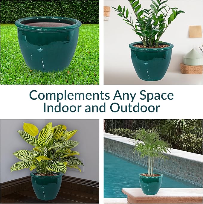 Sunnydaze Large Ceramic Plant Pot - Round Outdoor Glazed Ceramic Planter Pot with Drainage - Chalet -Dark Green - 14.5"