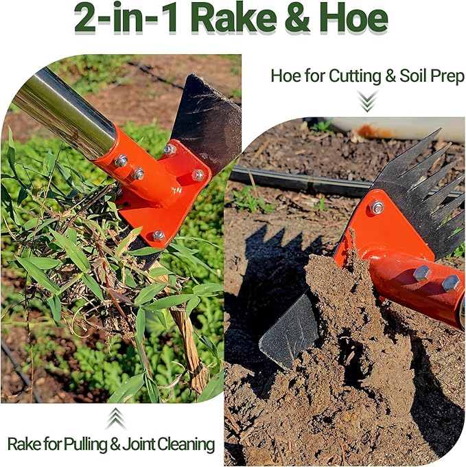 2-in-1 Garden Hoe and Weed Puller Rake, 60 Inch Adjustable Long Handle Weeding Tool Heavy Duty Spring Steel Head with Sand Grain Coating, Weed Remover for Garden, Yard, Lawn, Driveway