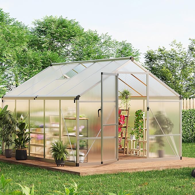 8x10 FT Polycarbonate Greenhouse with Roof Vent - Large Aluminum Walk-in Greenhouse Kit for Gardening, Backyard, Patio, Lawn - Easy Assembly