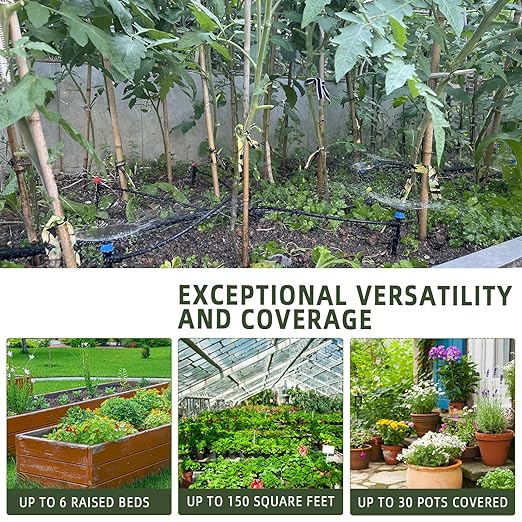 Push-to-Connect Drip Irrigation System Adjustable Irrigation System for Garden Raised Bed Automatic Plant Watering System Complete Drip Irrigation Kit with Drip Emitters, Tubing, Connectors