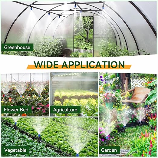 Meonum 65FT Garden Watering System, Quick Connector Drip Irrigation Kit, Hanging Plant Misting System Kit for Greenhouse, Yard, Lawn, Raised Bed with 1/4 inch Blank Tubing and Accessories (2 Pack)