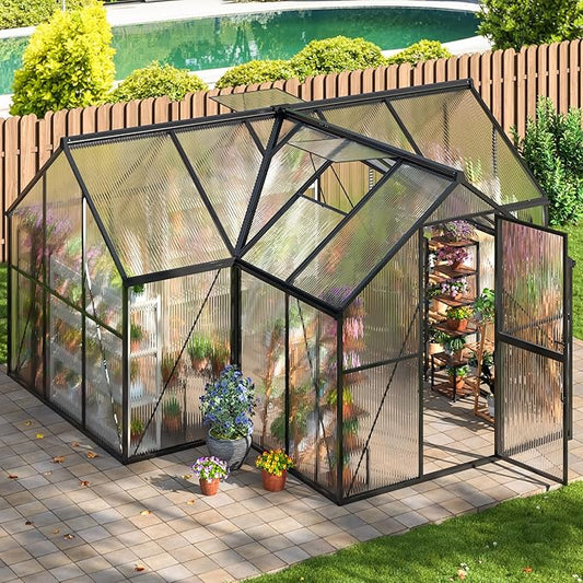 VIWAT T-Shape 12x12 FT Greenhouse for Outdoors, Polycarbonate Greenhouse with Quick Setup Structure, Double Roof Vents and Doors, Aluminum Walk-in Green House for Outside for Backyard Garden, Black