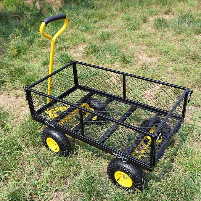 Wagon Removable Sides - Farm, Warehouse, Yard Dump Cart - Yellow+Black Air Wheels