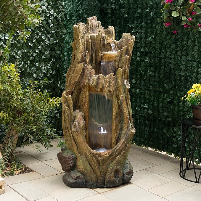 Alpine Corporation TZL338 Outdoor 3 Tier Waterfall Tree Trunk Floor Fountain with LED Lights for Patio, and Lawn Decor, 59 Inches Tall