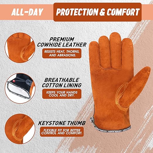 HLDD HANDLANDY 2 Pairs Leather Work Gloves for Men & Women – Cowhide Gardening Gloves, Thorn Proof, Cotton Lined, for Tig/Mig Welding, Construction, Chainsaw, Farm, Landscaping