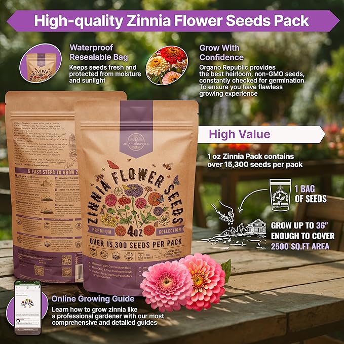 Zinnia Seeds Pack 4 oz - Over 15,300 Non-GMO Heirloom Zinnia Seeds for Planting, Annual Flowers in Individual Seed Packet for Planting Home Garden Indoor & Outdoor Gardening
