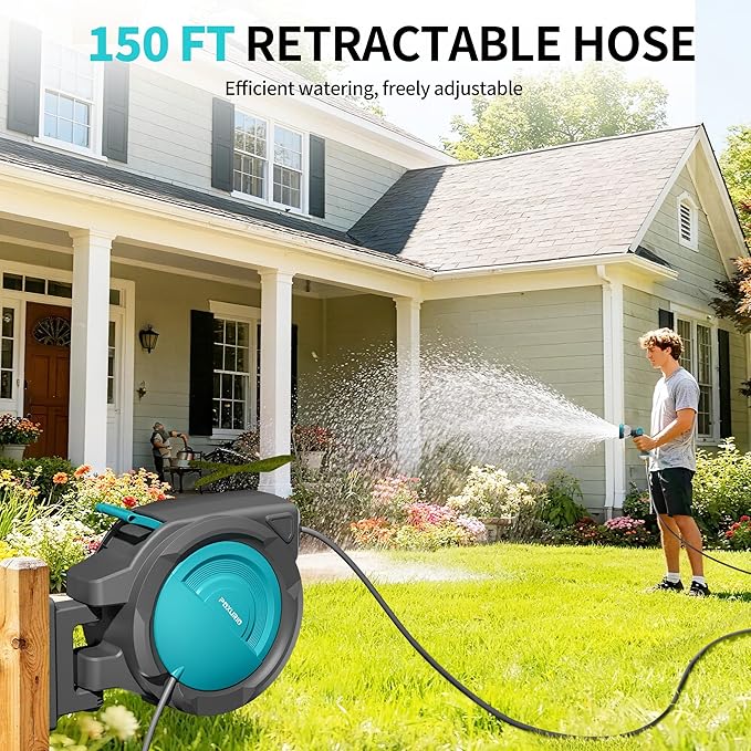 1/2" 150FT Retractable Garden Hose Reel, Wall Mounted Automatic Hose Reel with Upgraded 10 Pattern Nozzle/Any Length Lock/Slow Return System/180°Swivel Bracket, AquaBlue