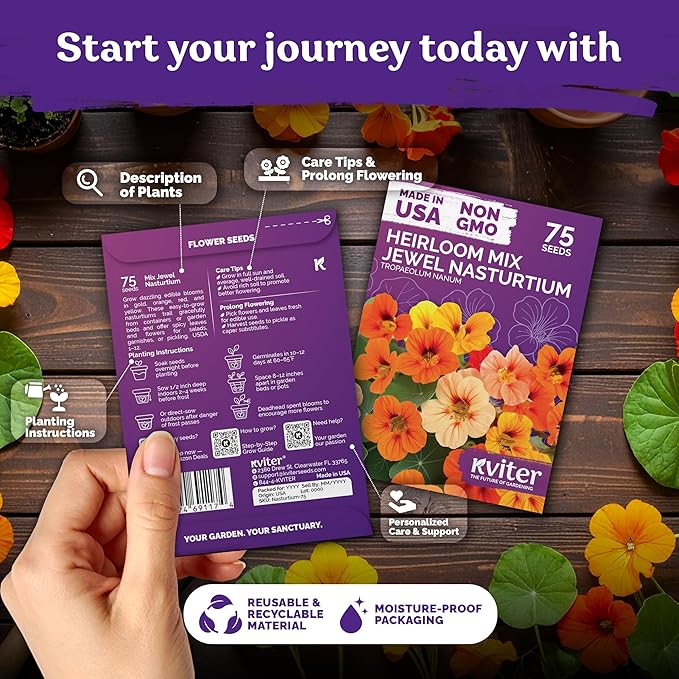 KVITER 75 Mix Jewel Nasturtium Seeds for Planting Outdoors (Tropaeolum Nanum) — Heirloom & Organic Seed Packet — Edible Flower Seeds to Plant Outside & Inside in Garden, Containers, Hanging Baskets