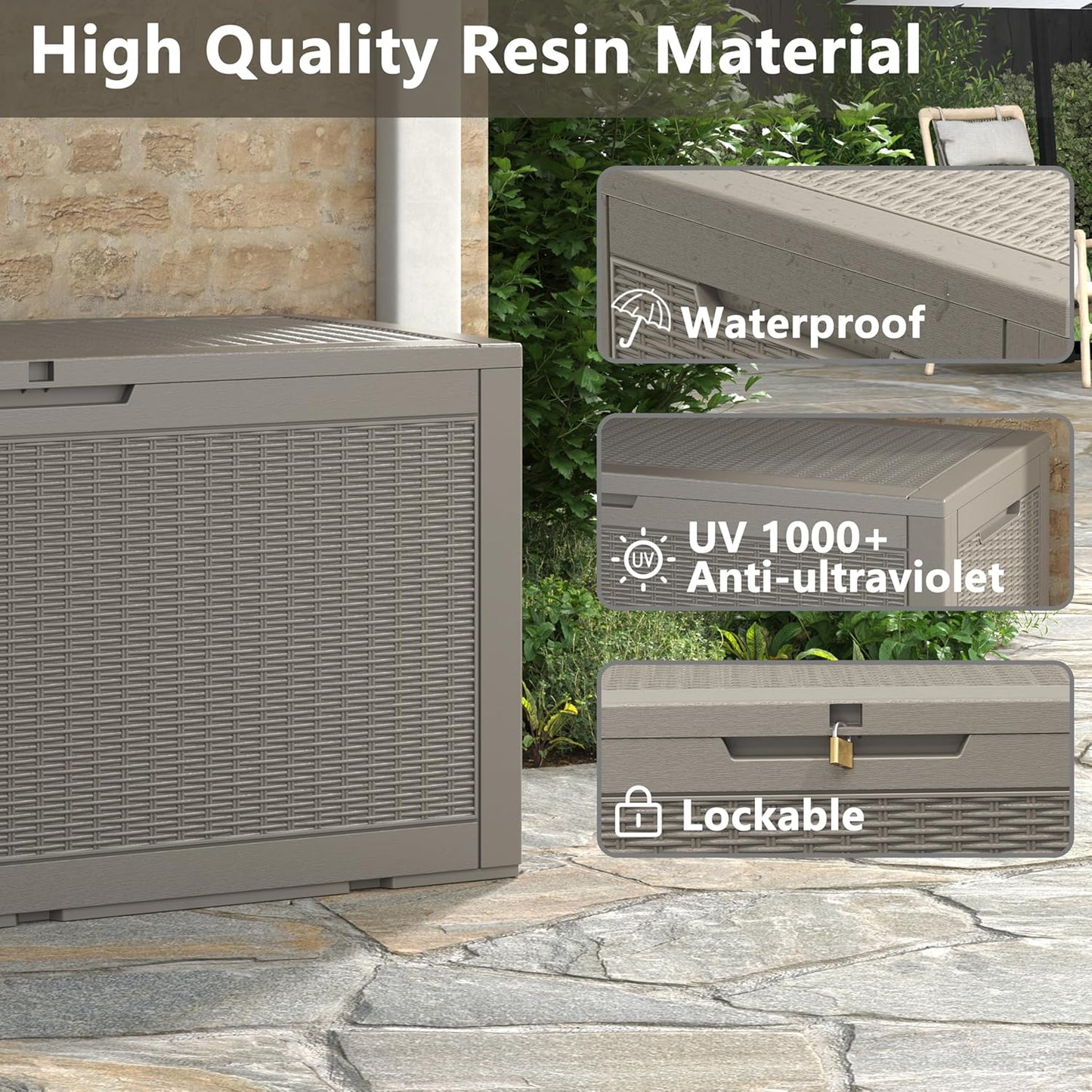 Outdoor Storage Box, Resin Deck Boxes Indoor and outdoor, Waterproof Storage Box Lockable Lid (Grey, 100 Gallon)
