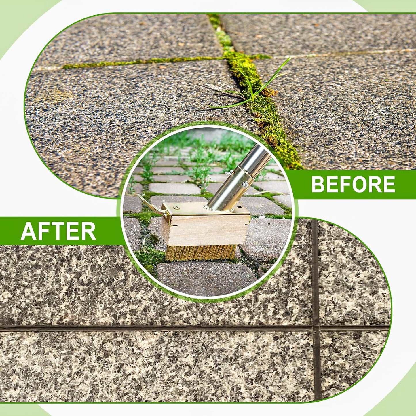 Moss Remover Brush Crack Weeder Tool Stainless Steel Crevice Weeder with 2 Brush Heads - Long Handle Weed Puller for Deck, Patio, Walkway, Driveway Crevice Cleaning Tool (Moss Remover Tool-2)