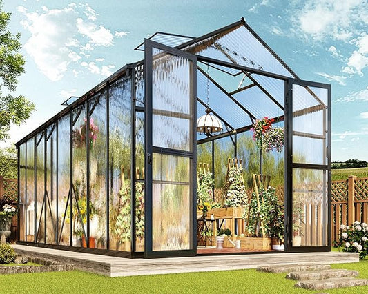 Jocisland 8x16x7.5 FT Polycarbonate Greenhouse with Quick Connectors, Outdoor Aluminum Greenhouses with Ventilation and Rain Gutter, Large Walk in Greenhouse for Backyard Garden, Black