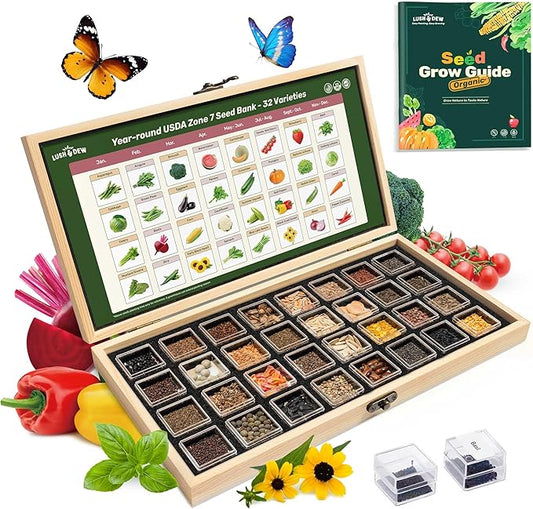 Lush&Dew Year-Round USDA Zone 7 Seed Bank, Gift for Mom Dad, 32 Varieties Non-GMO Heirloom Seeds of Vegetables, Flowers, Gardening Gifts for Women Men, Survival Kit for Raised Garden Bed, Greenhouse