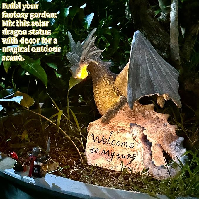 Garden Large Dragon Statue Solar Powered Outdoor Figurine Light The Dragonfire Welcome to My Turf Sign Big Resin Sculpture Home Decoration Housewarming Ornament Unique Gift