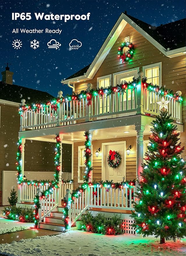 Brightown C9 Christmas Lights Outdoor, 114FT 150 LED String Lights with Timer, 8 Modes, UL Listed Waterproof Christmas Tree Lights for House Roof Garden Patio Decor, Red Green and Pure White